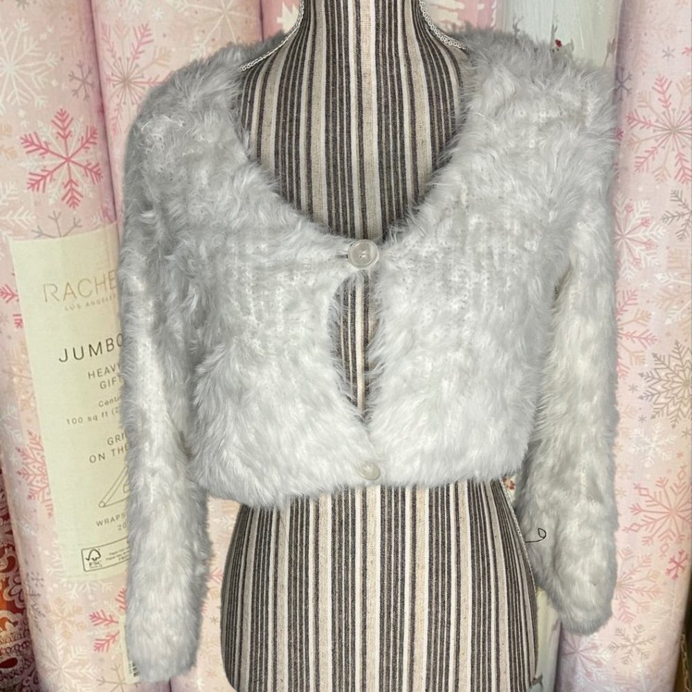 Cropped fuzzy white cardigan